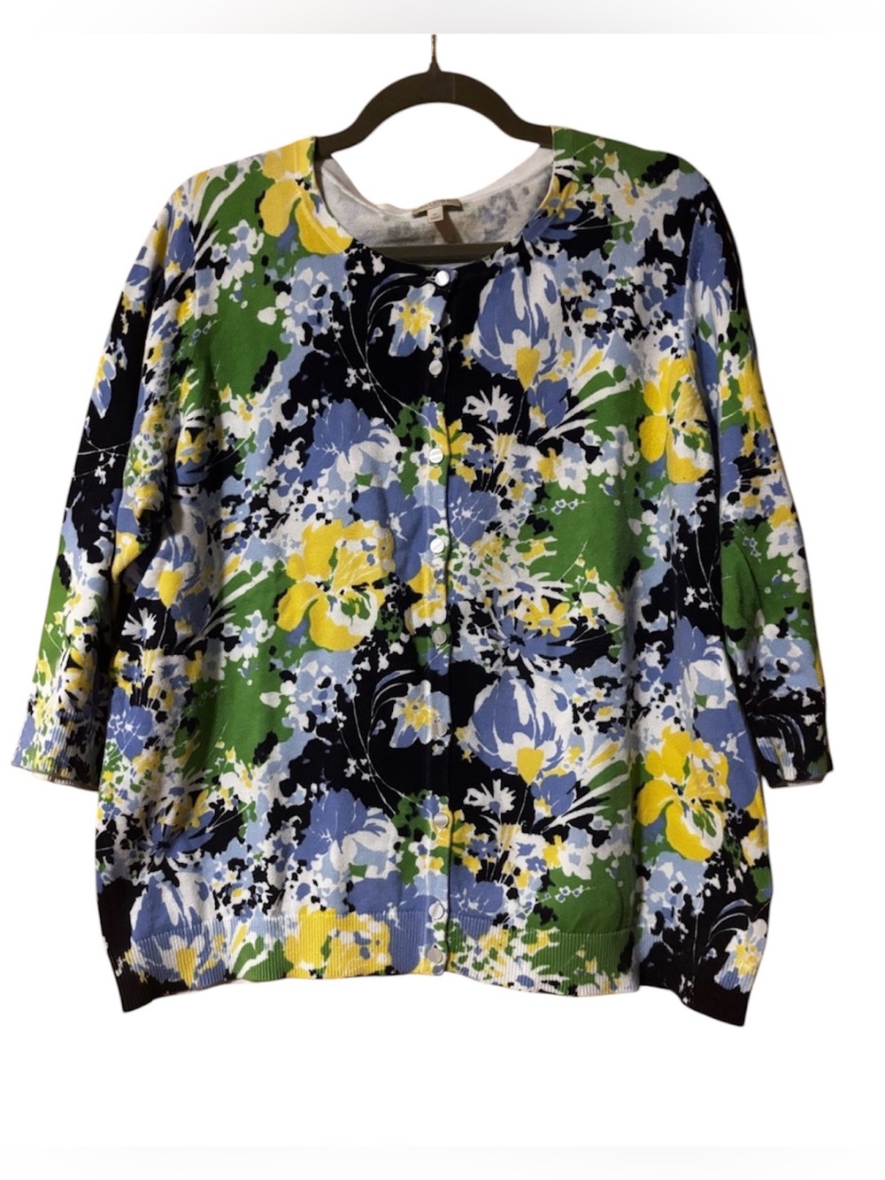 Talbots Woman‎ Floral Button Front Cardigan 1X Blue Green Yellow Cotton